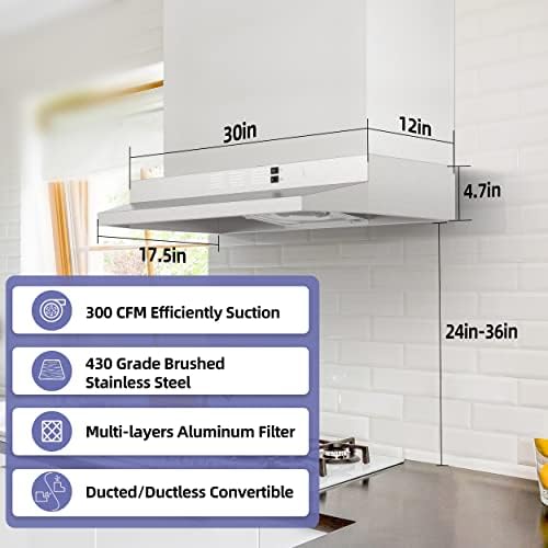 FIREGAS 30-Inch Convertible Below Cupboard Vary Hood - Ducted/Ductless Stainless Metal Kitchen Vent with Rocker Button Management, 2-Pace Exhaust Fan, and 300 CFM Aluminum Filter