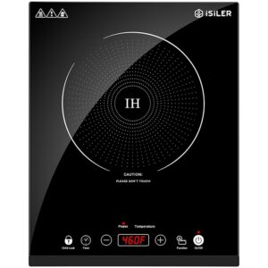 iSiLER 1800W Transportable Induction Cooktop with Sensor Contact Management, Youngsters Security Lock, 6.7-Inch Heating Coil, 18 Energy Ranges, and 17 Temperature Settings for Countertop Use