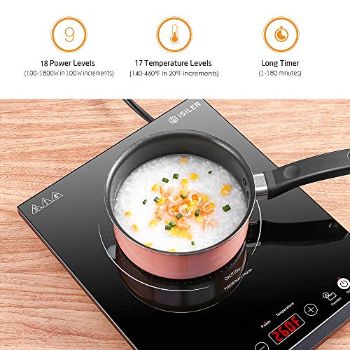 iSiLER 1800W Transportable Induction Cooktop with Sensor Contact Management, Youngsters Security Lock, 6.7-Inch Heating Coil, 18 Energy Ranges, and 17 Temperature Settings for Countertop Use