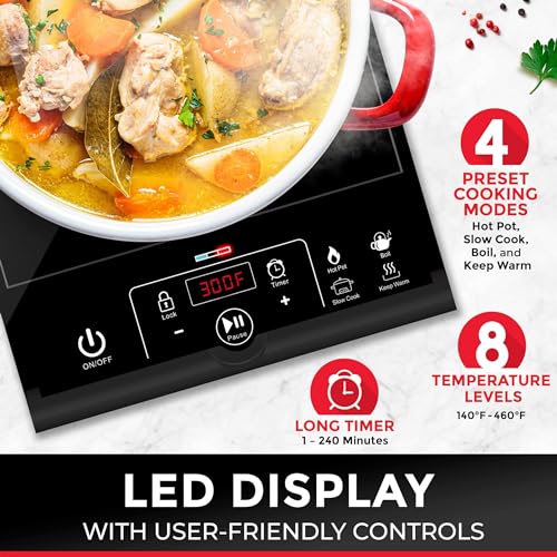 Mueller RapidTherm Transportable Induction Cooktop - 1800W Electrical Scorching Plate with 8 Temperature Settings as much as 460°F, Auto-Off Characteristic, Pot Detection, LED Show, and Youngster Lock